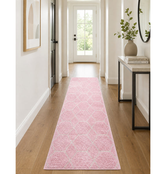 Pink Ivory Modern Geometric Distressed Runner Rug – 2' x 10'