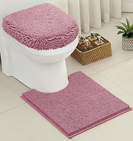 2 Piece Set Mauve Soft Cozy Plush Chenille Bath Mat Bathroom Rug & Toilet Seat Cover