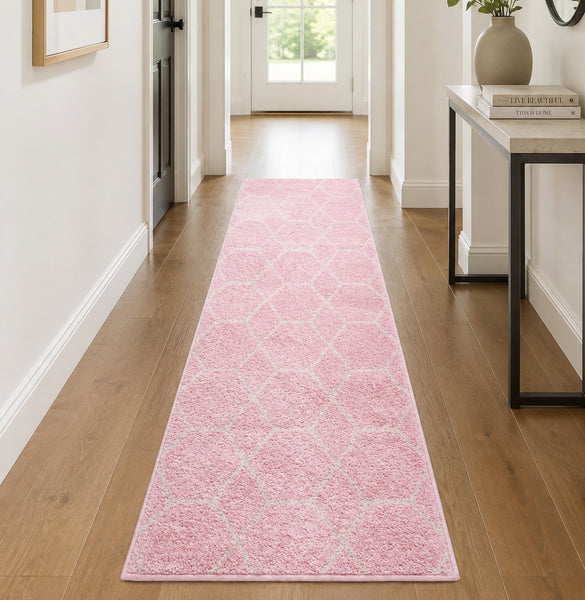 Pink Ivory Modern Geometric Distressed Runner Rug – 2' x 10'