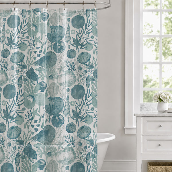 Blue Beach Coastal Seashells Transparent PEVA Shower Curtain With Hooks