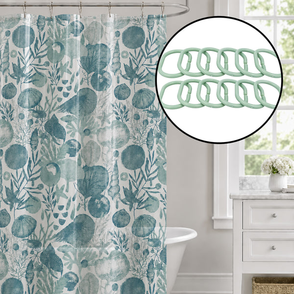 Blue Beach Coastal Seashells Transparent PEVA Shower Curtain With Hooks