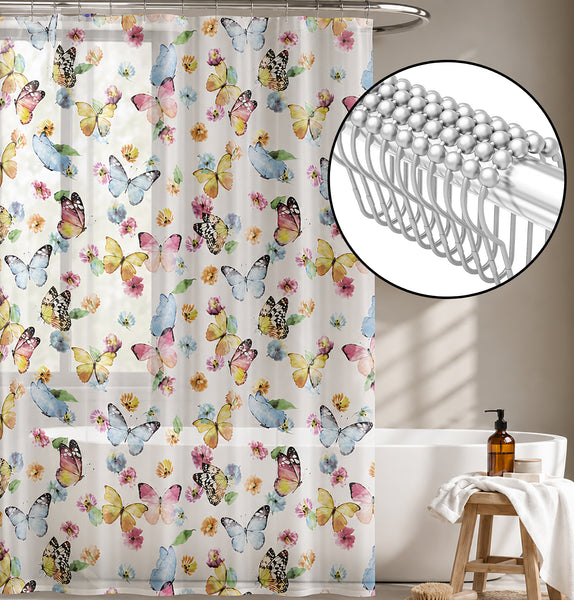 Blue Purple Butterfly Transparent PEVA Shower Curtain With Roller Ball Hooks