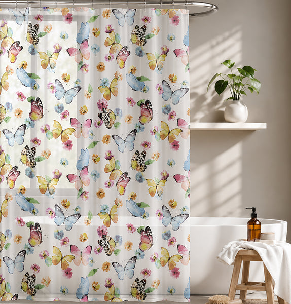Blue Purple Butterfly Transparent PEVA Shower Curtain With Roller Ball Hooks