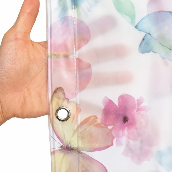 Blue Purple Butterfly Transparent PEVA Shower Curtain With Roller Ball Hooks
