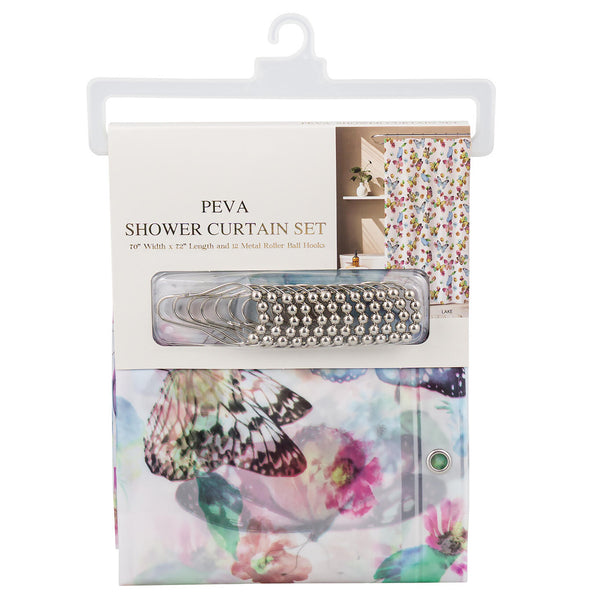 Blue Purple Butterfly Transparent PEVA Shower Curtain With Roller Ball Hooks