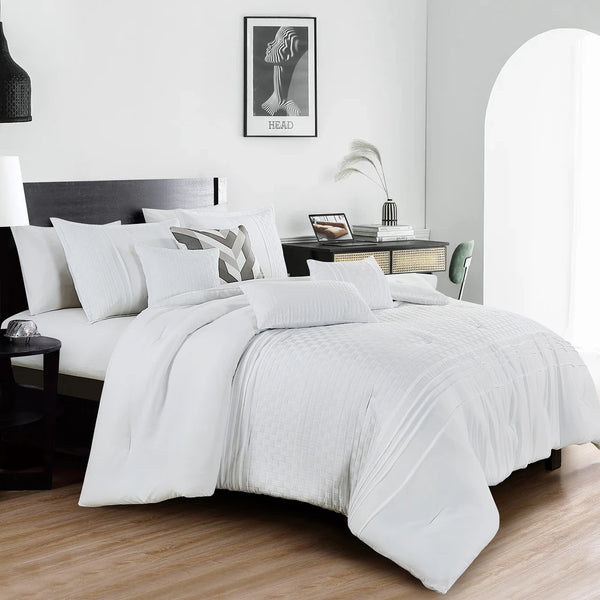 7 Piece Solid Off-White Geometric Bedding Comforter Set