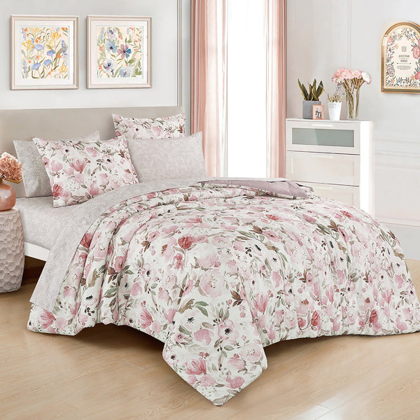7 Piece Pink Floral Botanical Modern Comforter Set Soft Bedding