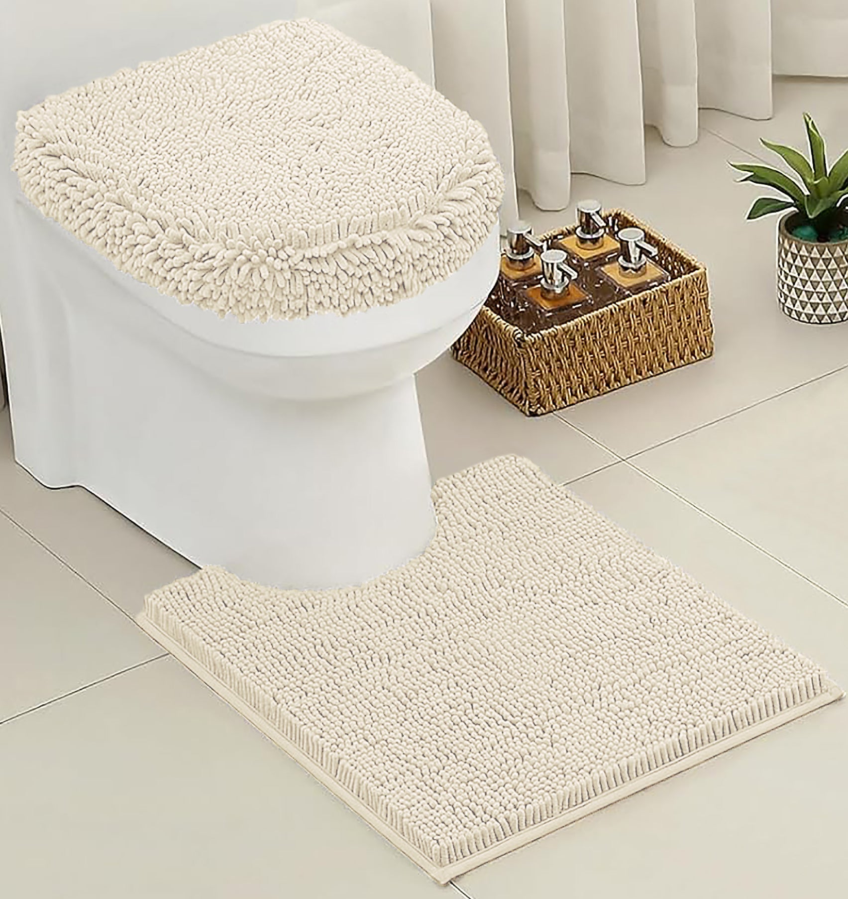 2 Piece Set Cream Soft Cozy Plush Chenille Bath Mat Bathroom Rug & Toilet Seat Cover