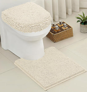 2 Piece Set Cream Soft Cozy Plush Chenille Bath Mat Bathroom Rug & Toilet Seat Cover