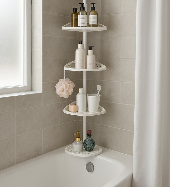 4-Tier White Corner Tension Pole Shower Caddy