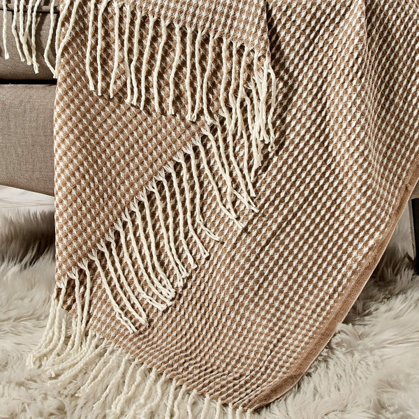 Beige & Cream Textured Woven Soft Cozy Throw Blanket with Fringe Tassels – 50"x60"