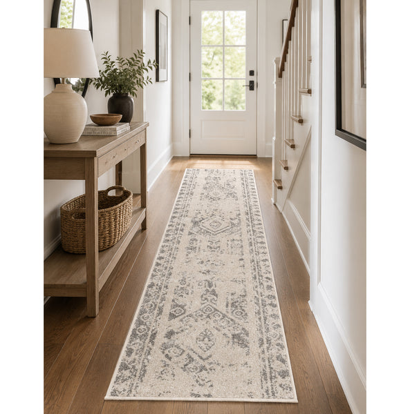 Cream/Gray Vintage Distressed Medallion Runner Rug - 2'7" x 10'