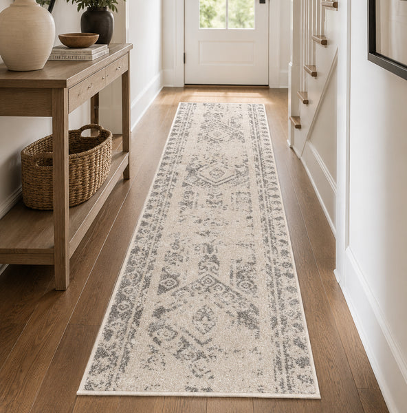 Cream/Gray Vintage Distressed Medallion Runner Rug - 2'7" x 10'