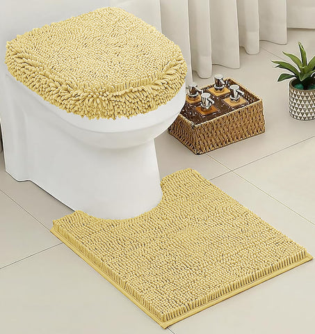 2 Piece Set Yellow Soft Cozy Plush Chenille Bath Mat Bathroom Rug & Toilet Seat Cover