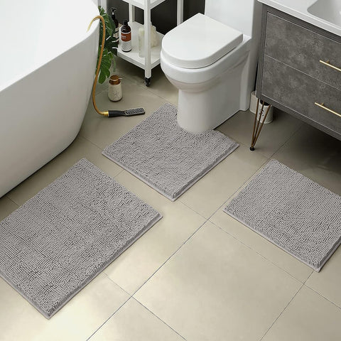 3 Piece Set Light Grey Soft Cozy Plush Chenille Bath Mat Highly Absorbent Bathroom Rug