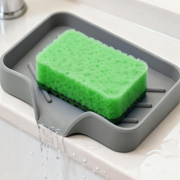 Set of 2 - Silicon Grey Sponge Holder Sink Bathroom Organizer Mat With Drain Spout