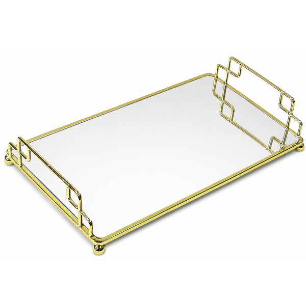Gold Mirrored Vanity Tray with Decorative Metal Frame – Rectangular Bathroom Counter & Dresser Organizer for Perfume, Cosmetics, Jewelry & Accessories