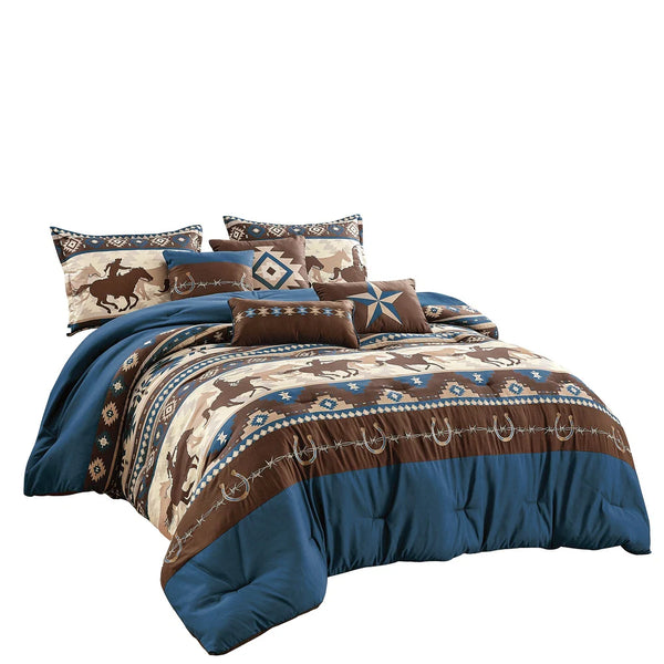 7 Piece Blue Brown Southwestern Cowboys Cabin Comforter Set Embroidery Soft Bedding