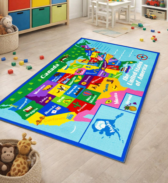 Educational USA States Map / Princess World Reversible Fun Kids Area Rug