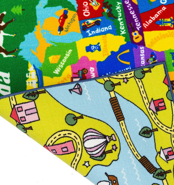 Educational USA States Map / Princess World Reversible Fun Kids Area Rug
