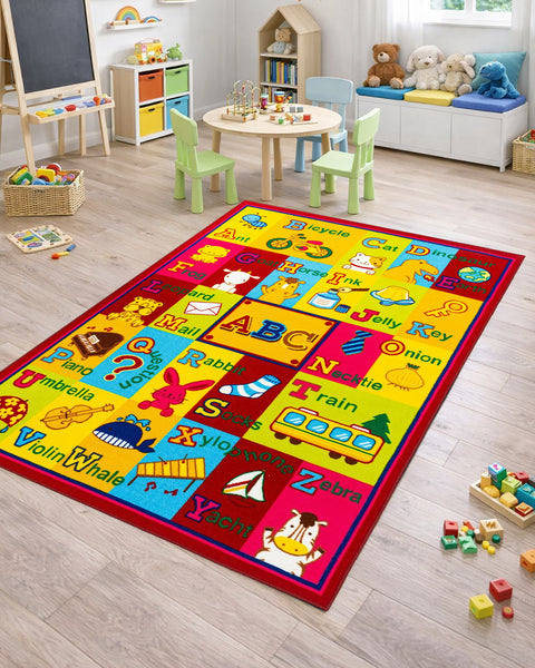 Multi Color ABCs Educational / Pink Butterflies Reversible Fun Kids Area Rug