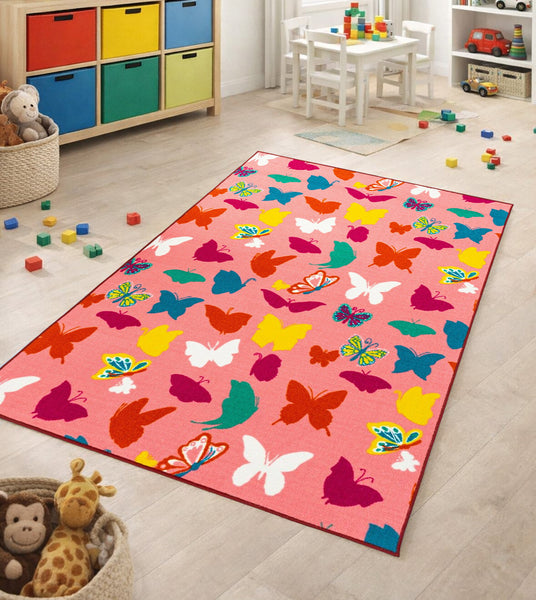 Multi Color ABCs Educational / Pink Butterflies Reversible Fun Kids Area Rug
