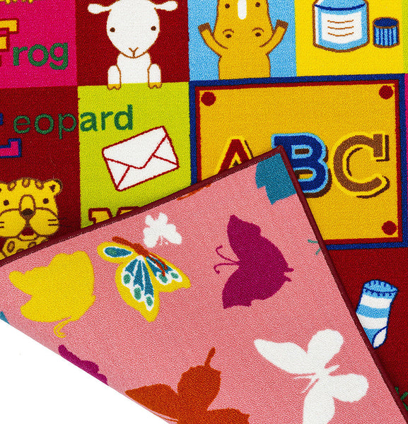 Multi Color ABCs Educational / Pink Butterflies Reversible Fun Kids Area Rug