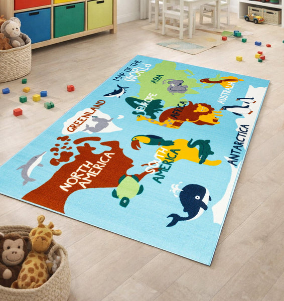 Educational World Map Animals / City Roads Reversible Fun Kids Area Rug  - 31"x58"