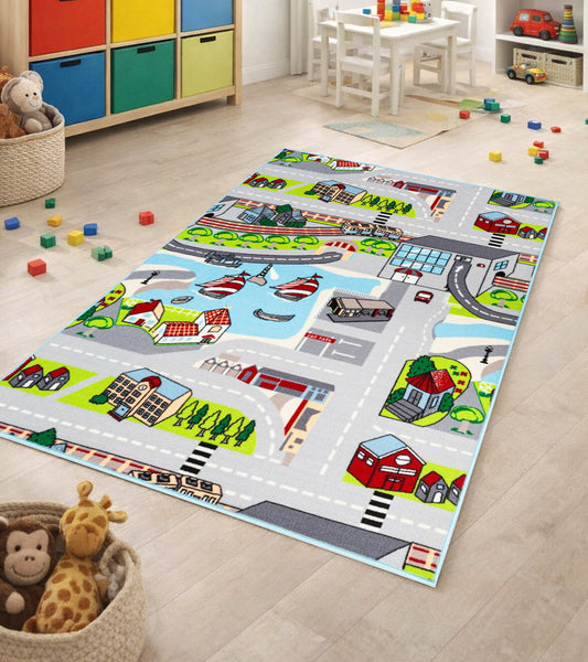 Educational World Map Animals / City Roads Reversible Fun Kids Area Rug  - 31"x58"