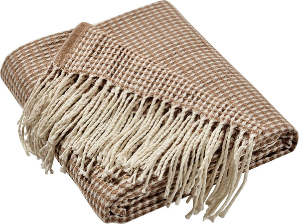 Beige & Cream Textured Woven Soft Cozy Throw Blanket with Fringe Tassels – 50"x60"
