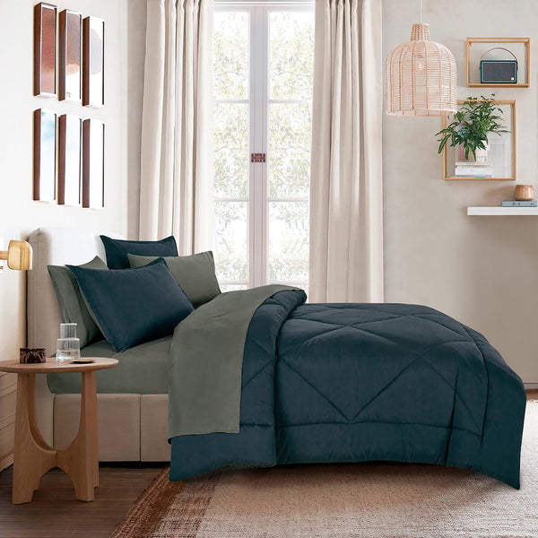 7 Piece Geometric Solid Blue Grey Modern Comforter Set Soft Bedding