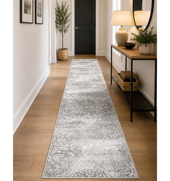 Gray/Ivory Vintage Distressed Medallion Runner Rug - 2' x 13'