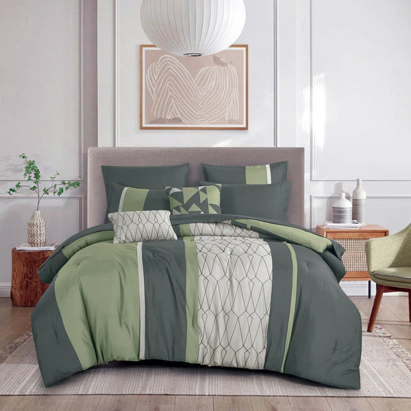 Green Grey Geometric Modern 9 Piece Bed-in-a-bag Comforter Set