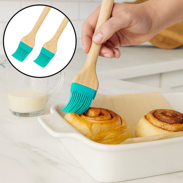 2 Piece Set Bamboo Silicone Teal Blue Basting Brush - 9" Long