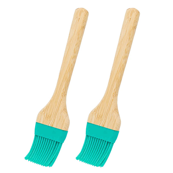 2 Piece Set Bamboo Silicone Teal Blue Basting Brush - 9" Long