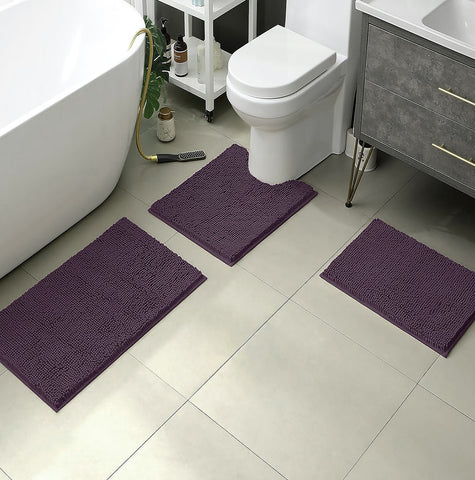 3 Piece Set Plum Purple Soft Cozy Plush Chenille Bath Mat Highly Absorbent Bathroom Rug