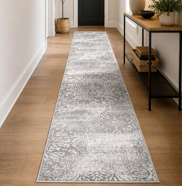 Gray/Ivory Vintage Distressed Medallion Runner Rug - 2' x 13'