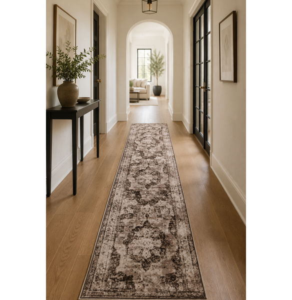 Vintage Inspired Distressed Traditional Medallion Pattern Brown & Beige Runner Rug - 3'3" x 16'