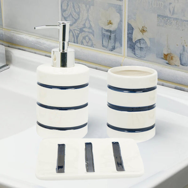 White Navy Striped Dolomite Bathroom Accessories Set - Soap Dispenser, Soap Dish & Tumbler