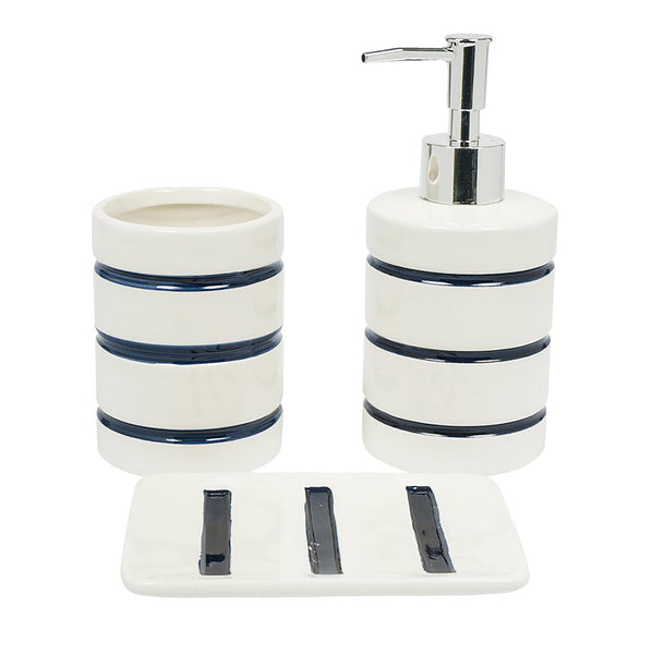White Navy Striped Dolomite Bathroom Accessories Set - Soap Dispenser, Soap Dish & Tumbler