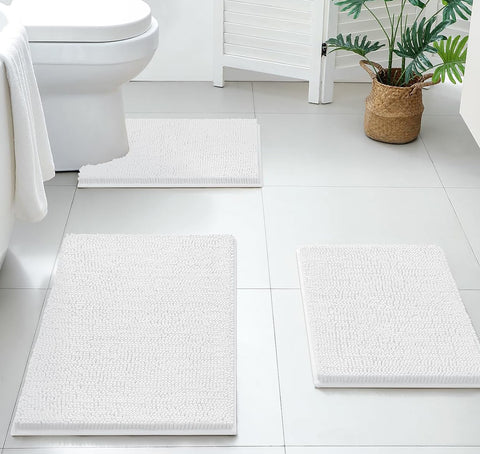 3 Piece Set White Soft Cozy Plush Chenille Bath Mat Highly Absorbent Bathroom Rug