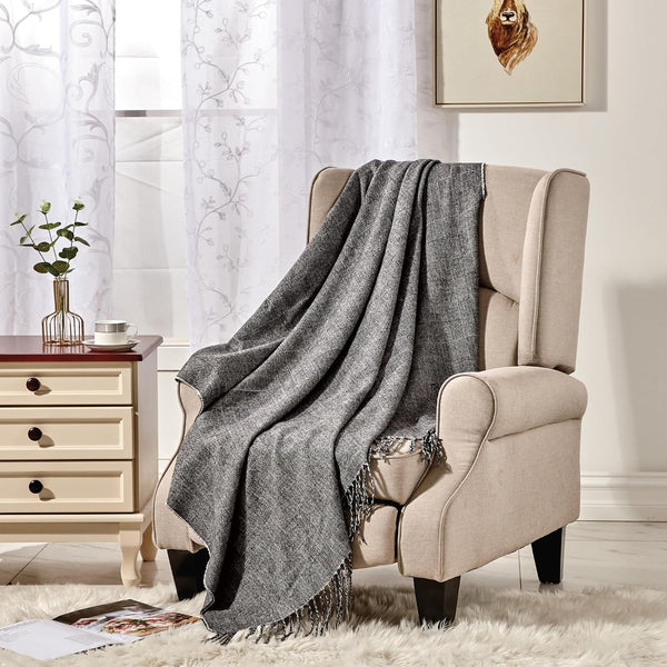 Charcoal Grey Textured Woven Soft Cozy Throw Blanket with Fringe Tassels – 50"x60"