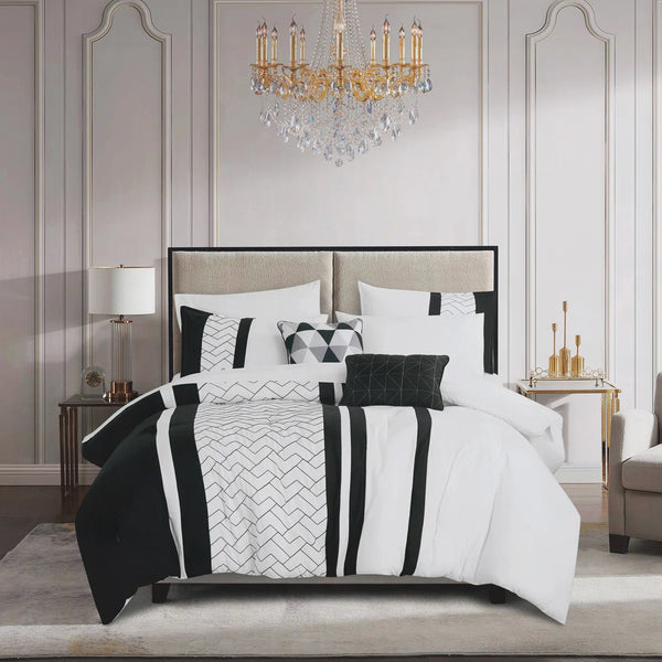 White Black Stripe Geometric Modern 9 Piece Bed-in-a-bag Comforter Set