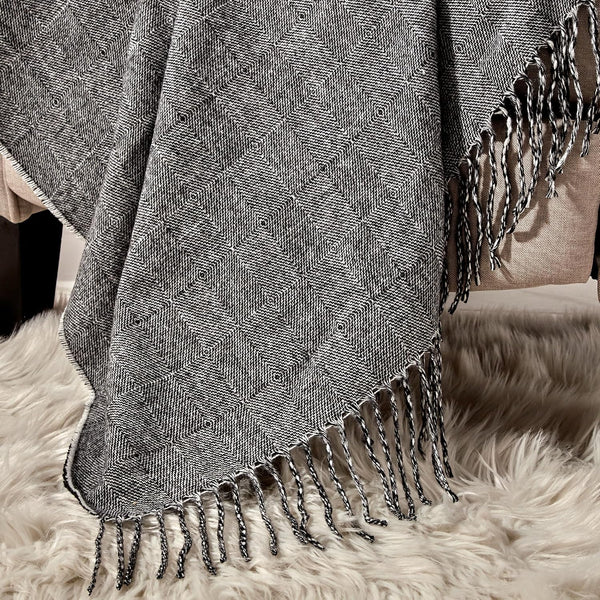 Charcoal Grey Textured Woven Soft Cozy Throw Blanket with Fringe Tassels – 50"x60"