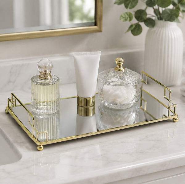 Gold Mirrored Vanity Tray with Decorative Metal Frame – Rectangular Bathroom Counter & Dresser Organizer for Perfume, Cosmetics, Jewelry & Accessories