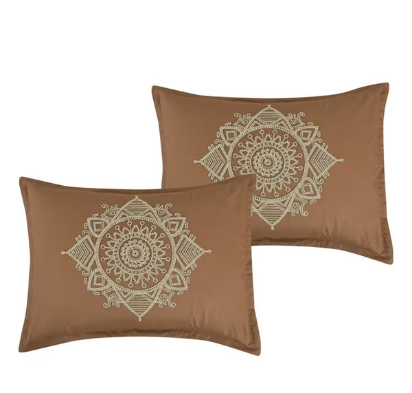 7 Piece Embroidered Brown Beige Comforter Set Soft Bedding