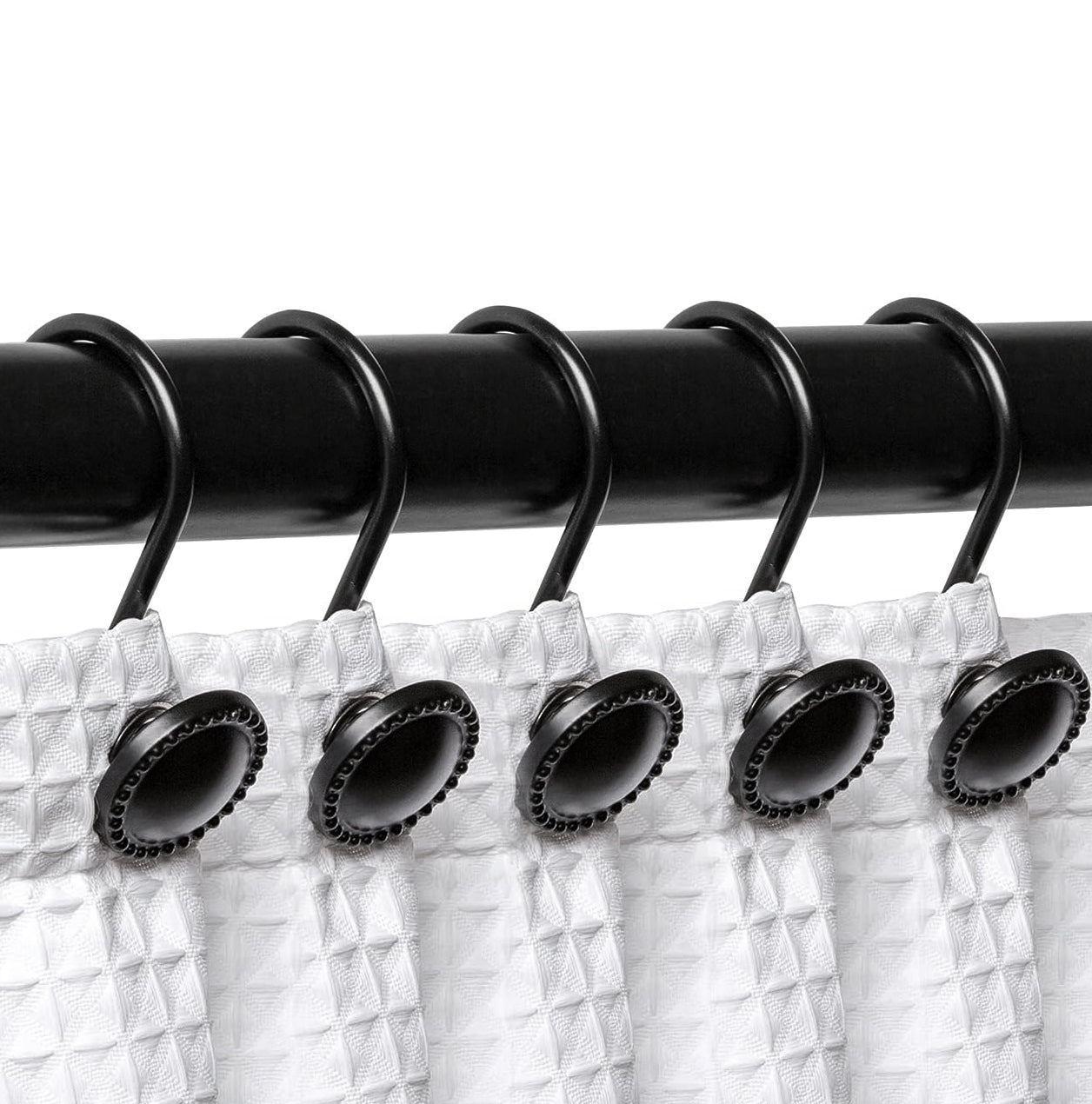 12 Piece Set - Matte Black Button Heavy Duty Shower Curtain Hooks Rings Rustproof Metal