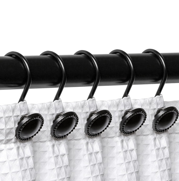 12 Piece Set - Matte Black Button Heavy Duty Shower Curtain Hooks Rings Rustproof Metal