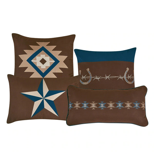 7 Piece Blue Brown Southwestern Cowboys Cabin Comforter Set Embroidery Soft Bedding