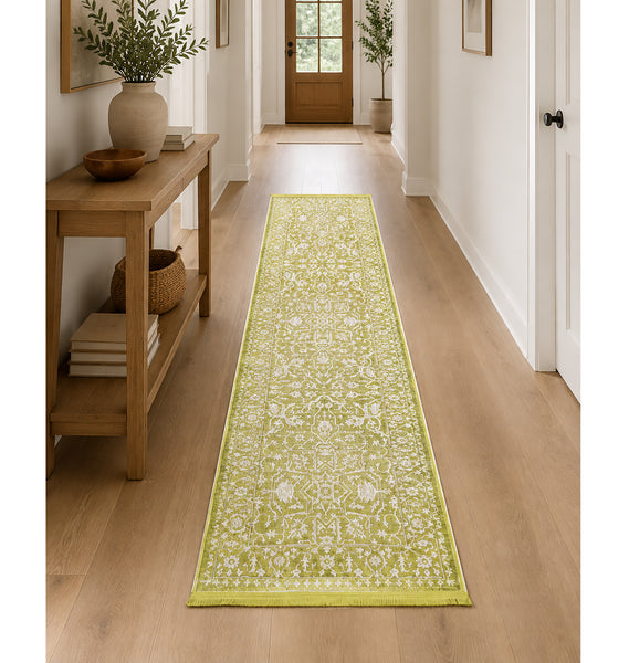 Olive Green Ivory Vintage-Inspired Floral Medallion Runner Rug - 2'7" x 10'